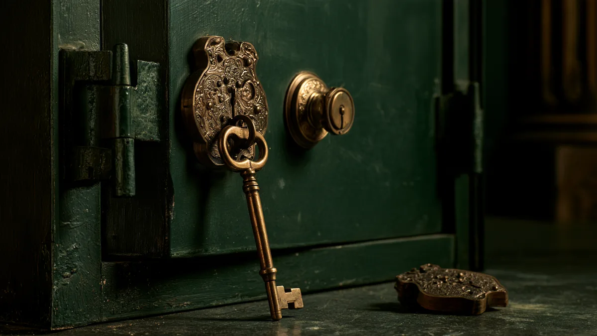 Symbolbild: Ein Messingschlüssel steckt in einem verzierten Schloss an einer dunkelgrünen Tür, ein zweites Schlossschild liegt abgenommen auf dem Boden