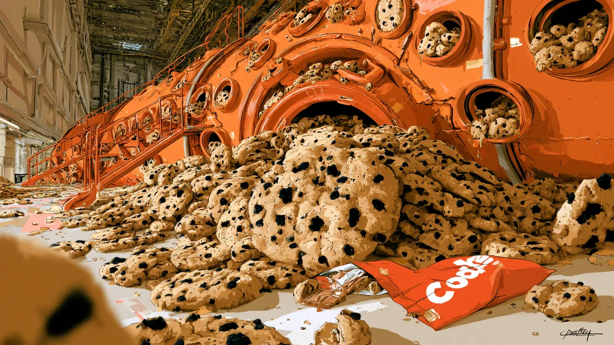 Illustration: Aus einer riesigen orangefarbenen Maschine quellen Berge von Schokoladenkeksen in eine Fabrikhalle
