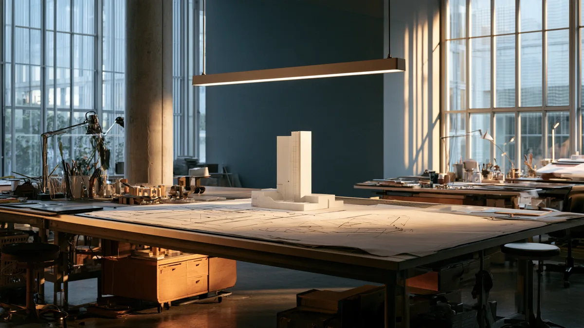 Symbolbild: großer Zeichentisch in einem ruhigen Atelier, aus dem ausgebreiteten Bauplan erhebt sich ein kleines weißes Architekturmodell
