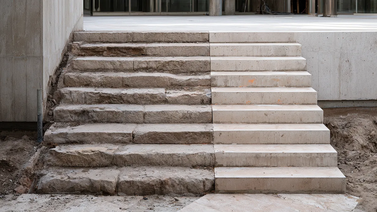 Symbolbild: Steintreppe, deren linke Hälfte aus alten, verwitterten Natursteinstufen besteht, während die rechte Hälfte bereits durch neue, helle Betonstufen ersetzt ist