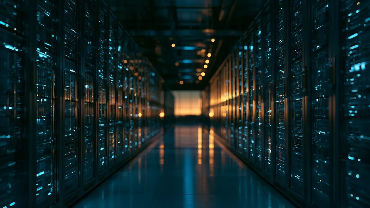 Symbolbild: leerer, nachts beleuchteter Serverraum-Gang, im Hintergrund der erste Tageslichtschein