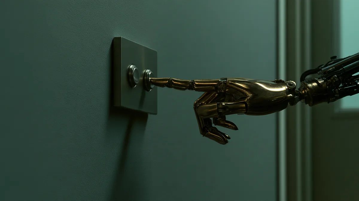 Symbolbild: Eine mechanische Messinghand drückt mit ausgestrecktem Finger einen von zwei Knöpfen an einer Wand